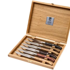 Claude Dozorme Laguiole juego de cuchillos para carne 6-unidades, varios tipos de madera