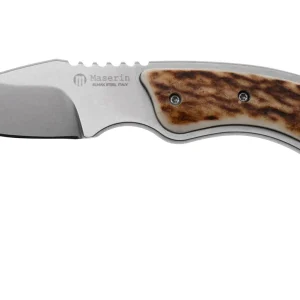 Maserin Mini Trapper 924-CV-1 Stonewashed Elmax, Stag Horn, Leather Button Sheath, cuchillo fijo pequeño de caza