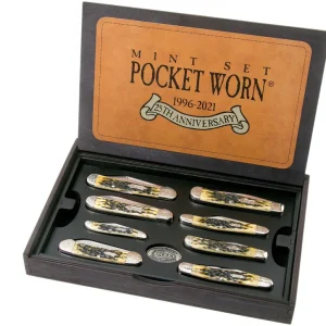 Case 25th Anniversary Mint Set, Pocket Worn Olive Green Bone, Peach Seed Jig, 38190, SS navaja
